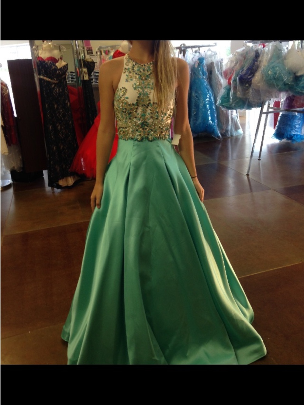 Rachel Allan Mint Green Ball Gown with Beaded Illusion Bodice
